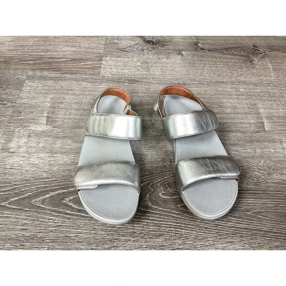 FitFlop Lulu Slide Sandals Women size 8.5 Silver Leather Adjustable Slip On